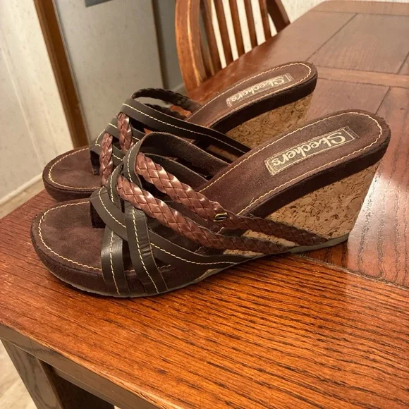 Skechers Leather Cork Wedge Sandals Women’s 10 Chocolate Suede Shoes - Picture 1 of 12